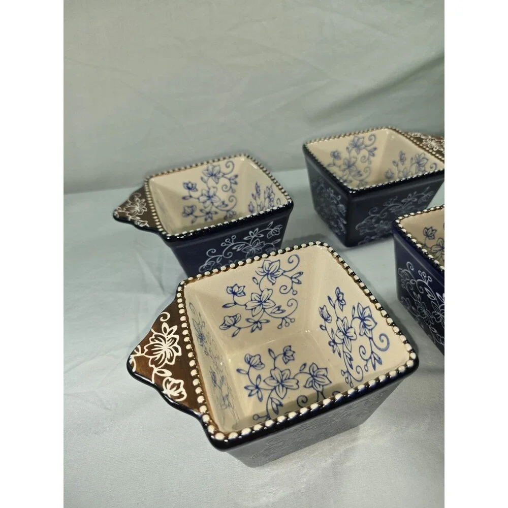 Temp-tations Floral Lace Cobalt Blue 10 OZ Square Ramekins Mini Bakers Set of 4